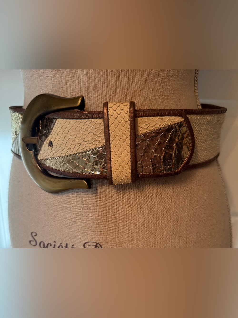DUSTY BAKER BELT WIDE CREAM FABRIC SNAKESKIN METALLIC BRONZE GOLD SIZE M